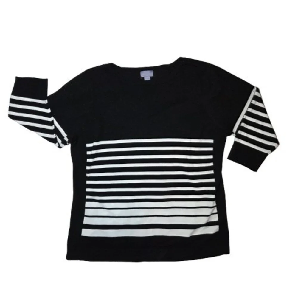 Laura Scott Black White Striped 3/4-Sleeve‎ Boat Neck Pullover Sweater 3X